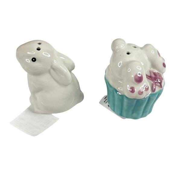 NEW Easter Bunny SALT & PEPPER SHAKERS 2" Ceramic Cupcake White Rabbit Bunnies - Picture 2 of 5